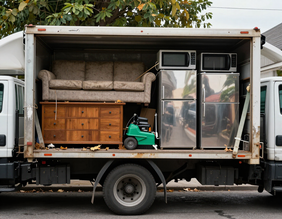 Full-service junk removal truck loaded with furniture, appliances, and yard debris