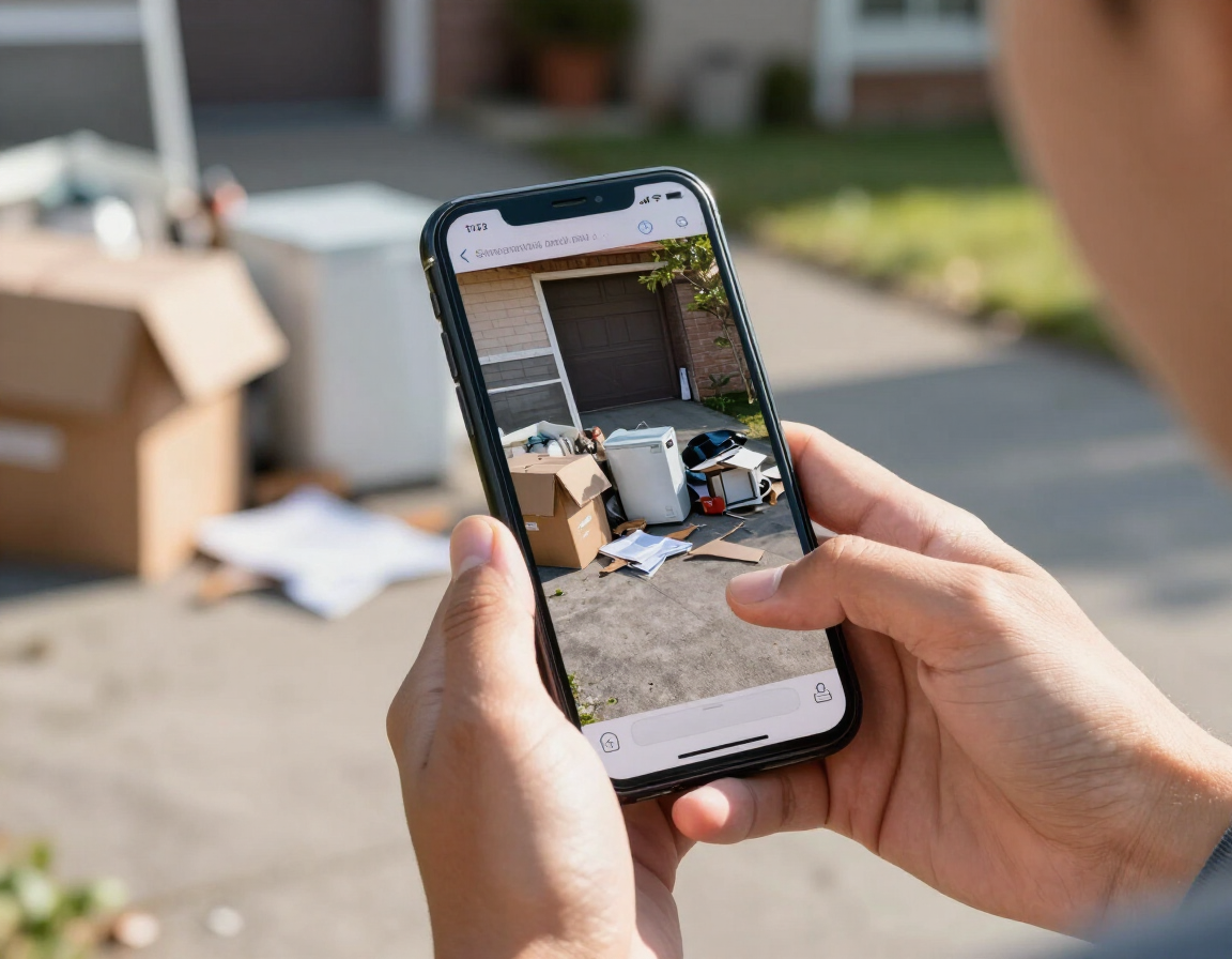 Homeowner texting a photo for a free, no-obligation junk removal estimate