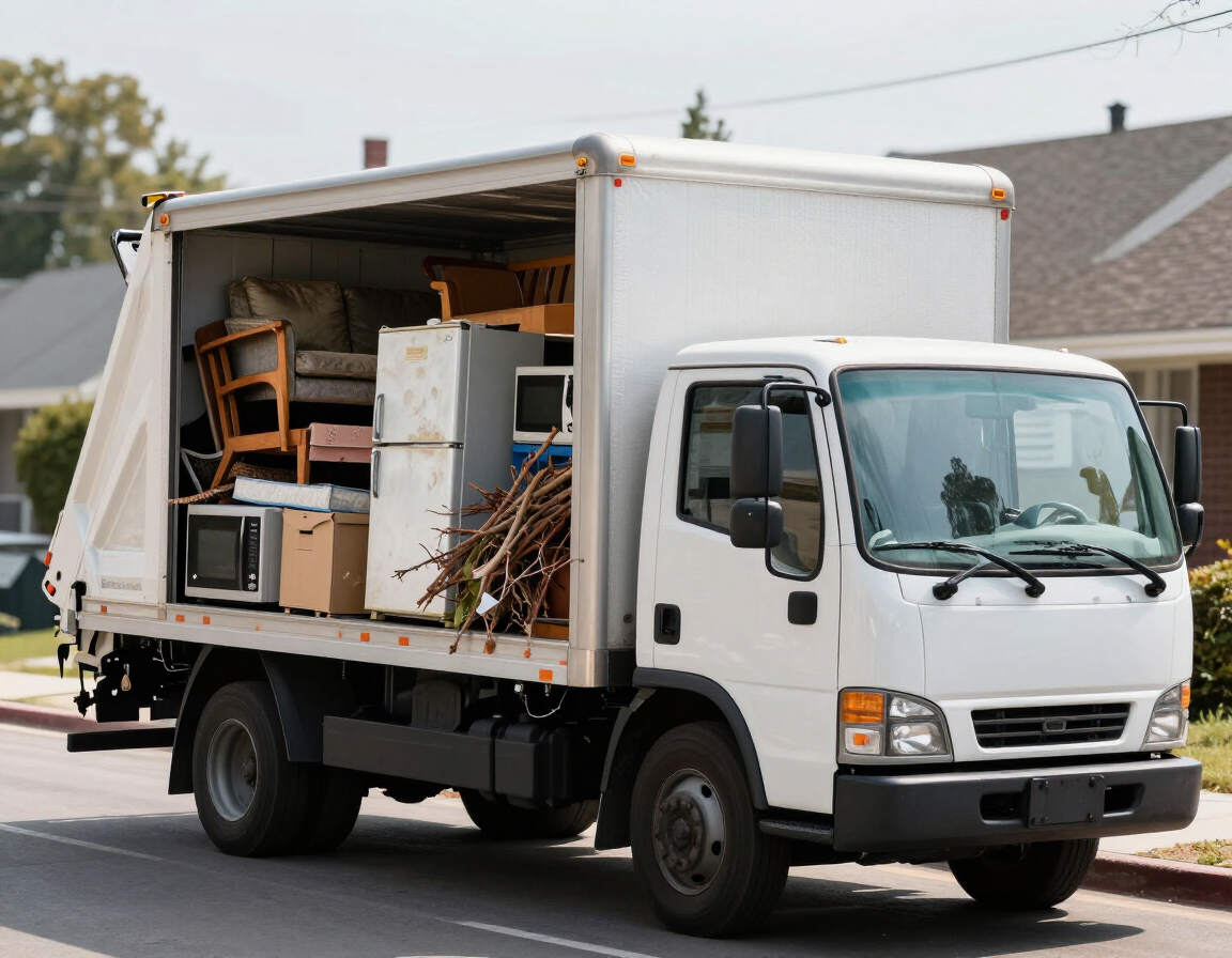 Full-service junk removal truck loaded with furniture, appliances, and yard debris