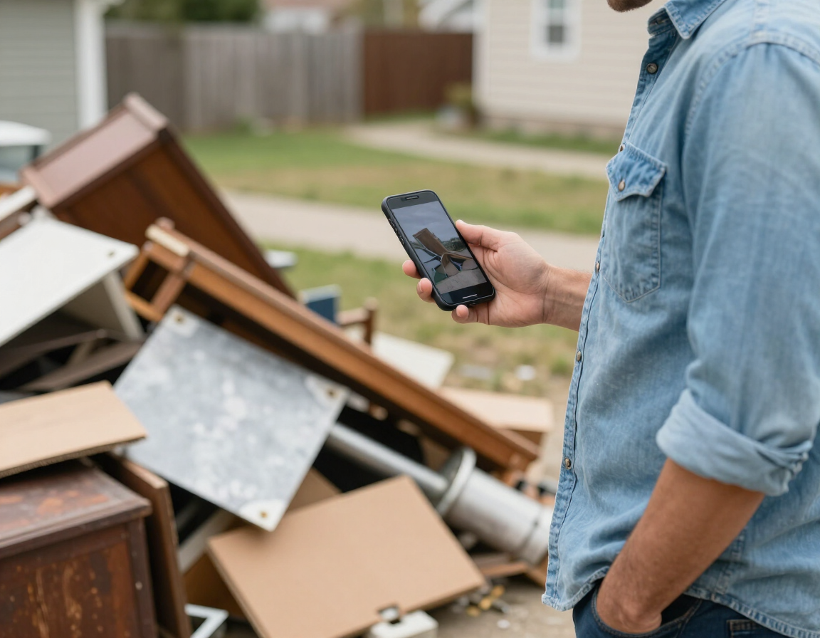 Homeowner texting a photo for a free, no-obligation junk removal estimate