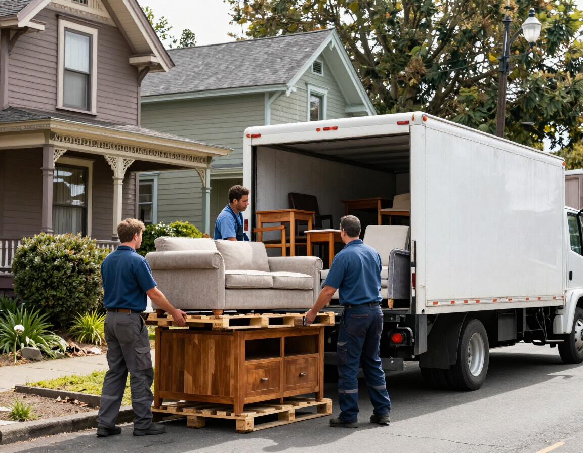 Junk removal crew loading furniture into a truck in a Jacksonville neighborhood