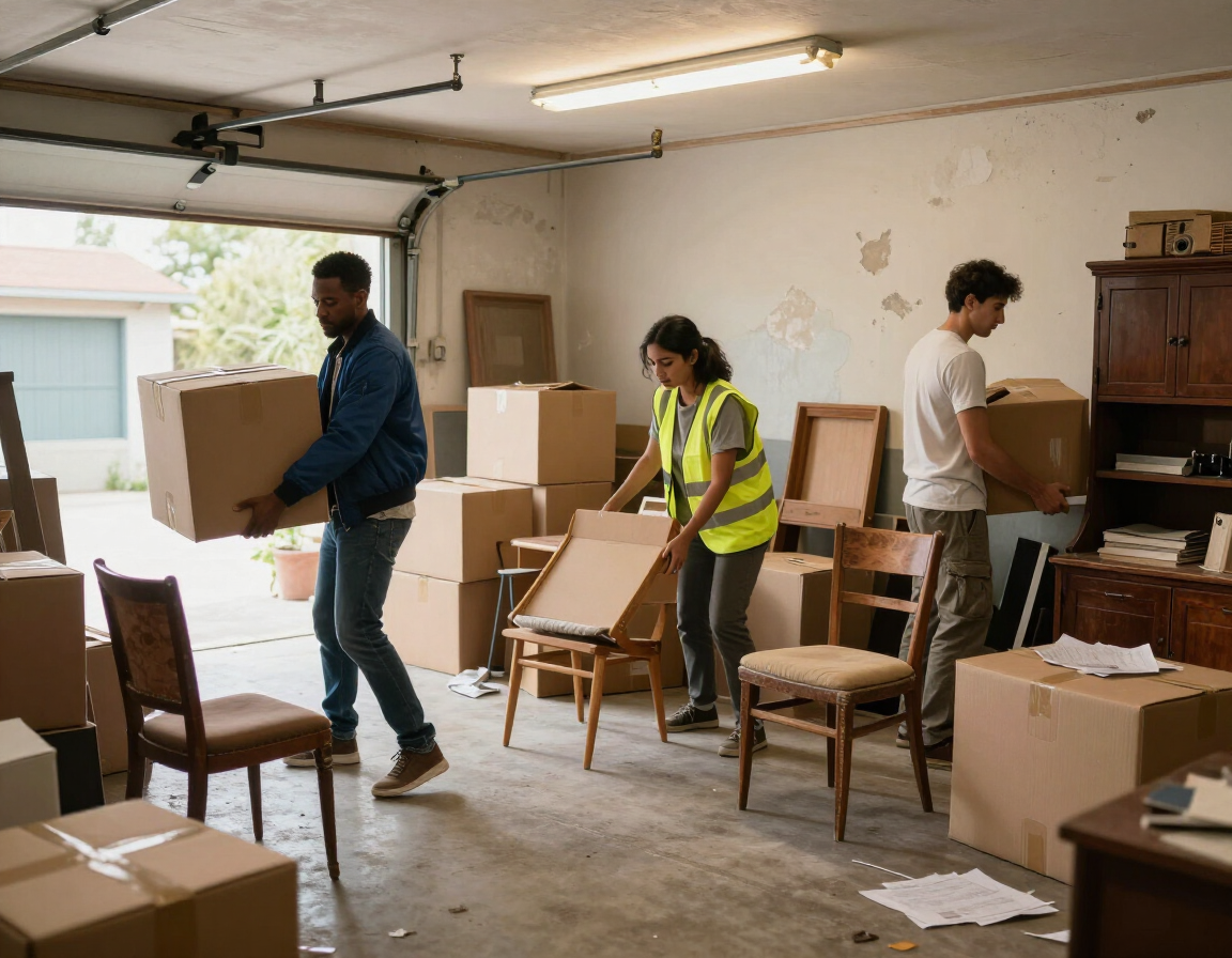 People moving boxes and furniture in a garage during a move or cleanup