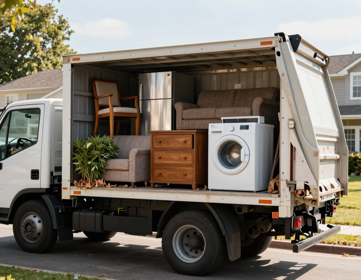 Full-service junk removal truck loaded with furniture, appliances, and yard debris
