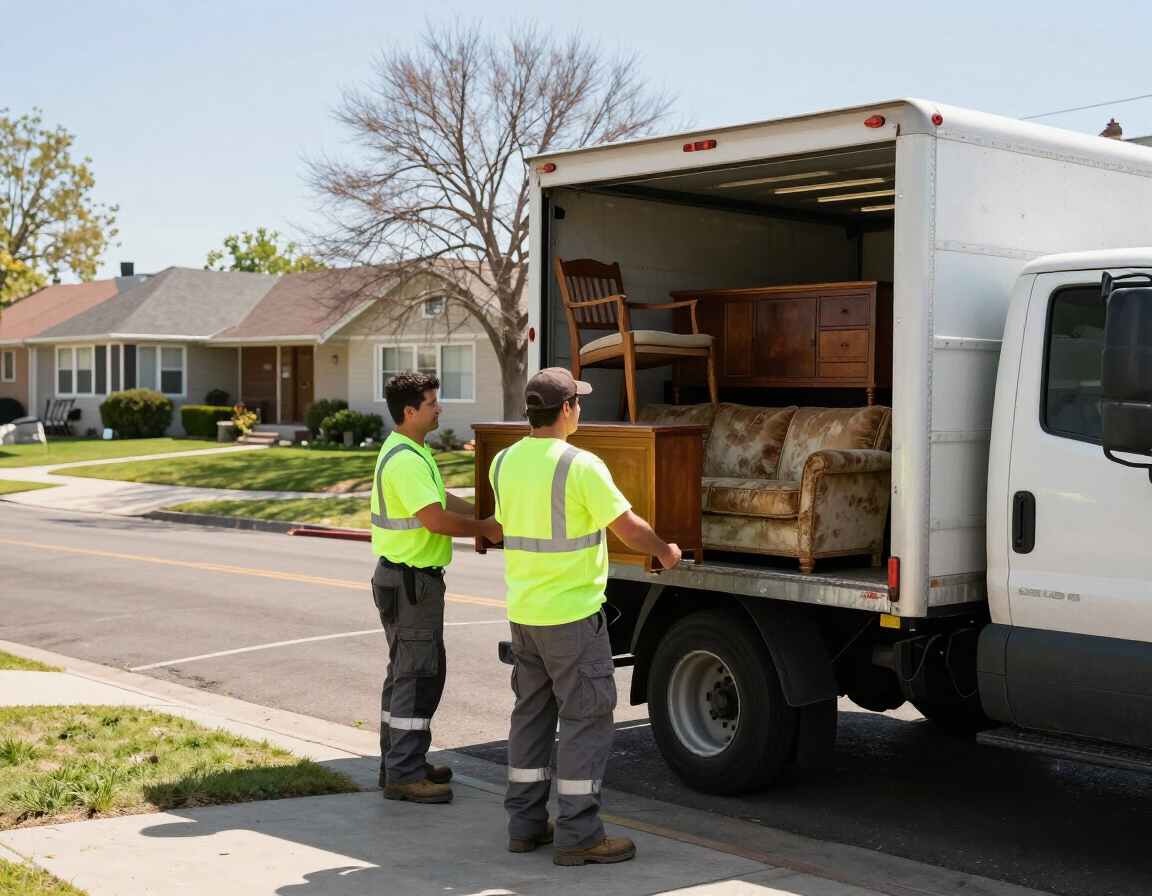 Junk removal crew loading furniture into a truck in a Phoenix, Oregon neighborhood