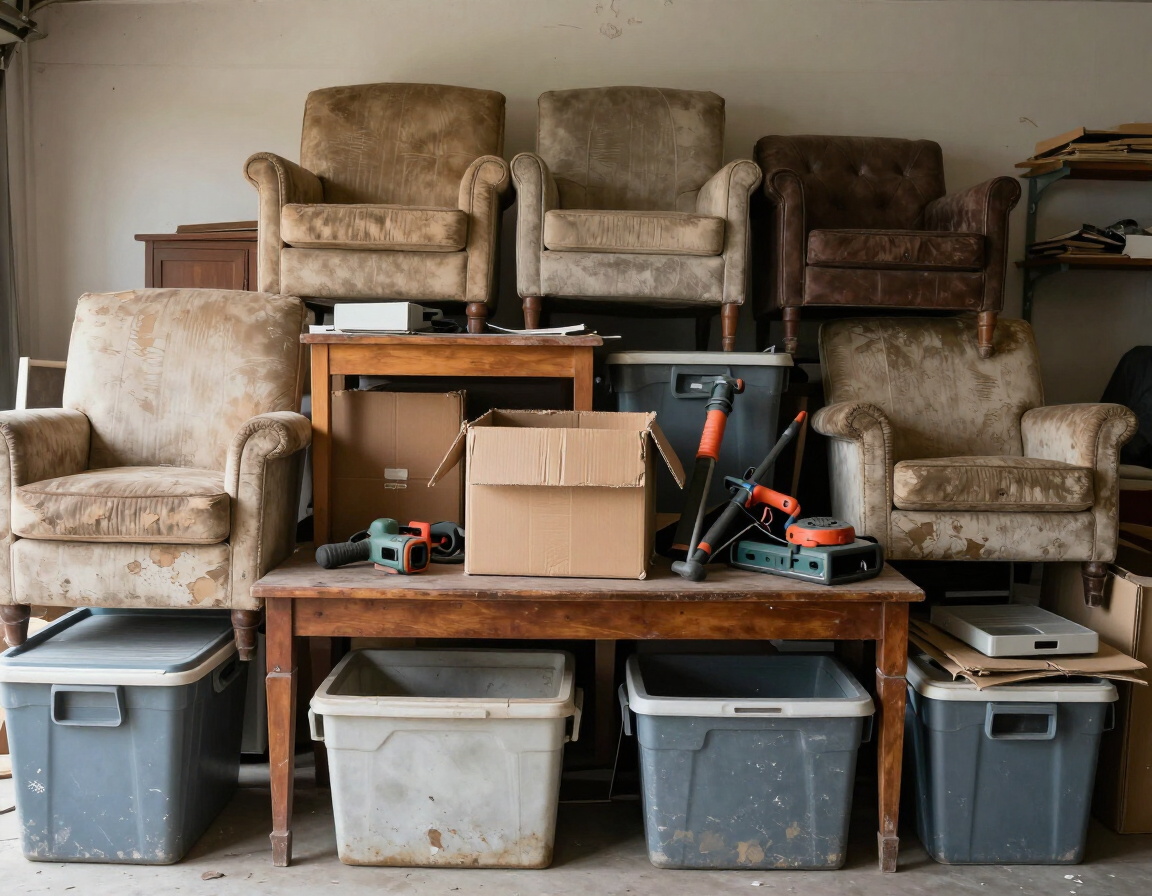 Garage stacked with worn armchairs, a wooden table, tools, and storage bins.
