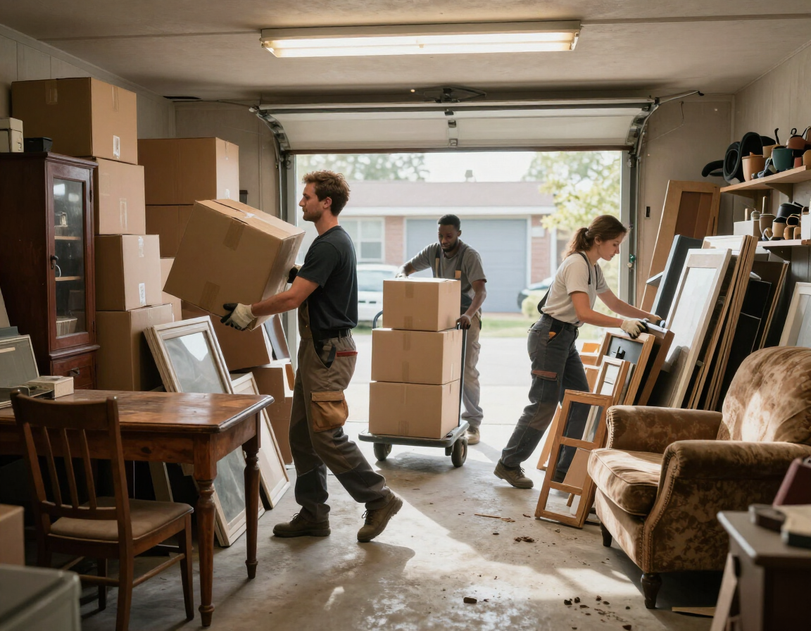 Cluttered garage full of boxes and old furniture being cleared by the crew