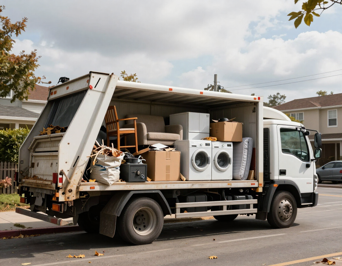 Full-service junk removal truck loaded with furniture, appliances, and yard debris