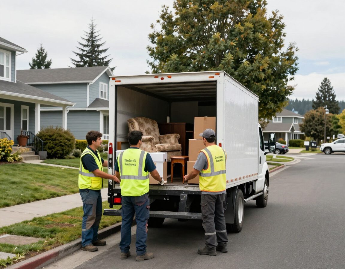 Workers unload boxes from a white moving truck on a suburban street
