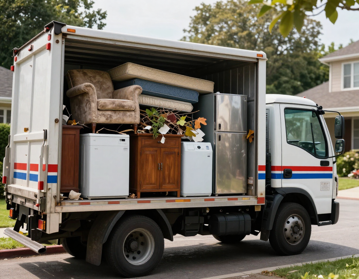 Full-service junk removal truck loaded with furniture, appliances, and yard debris