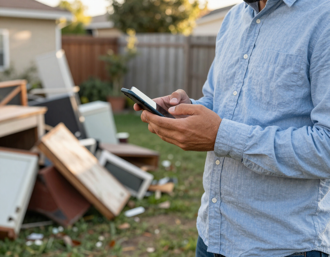 Homeowner texting a photo for a free, no-obligation junk removal estimate