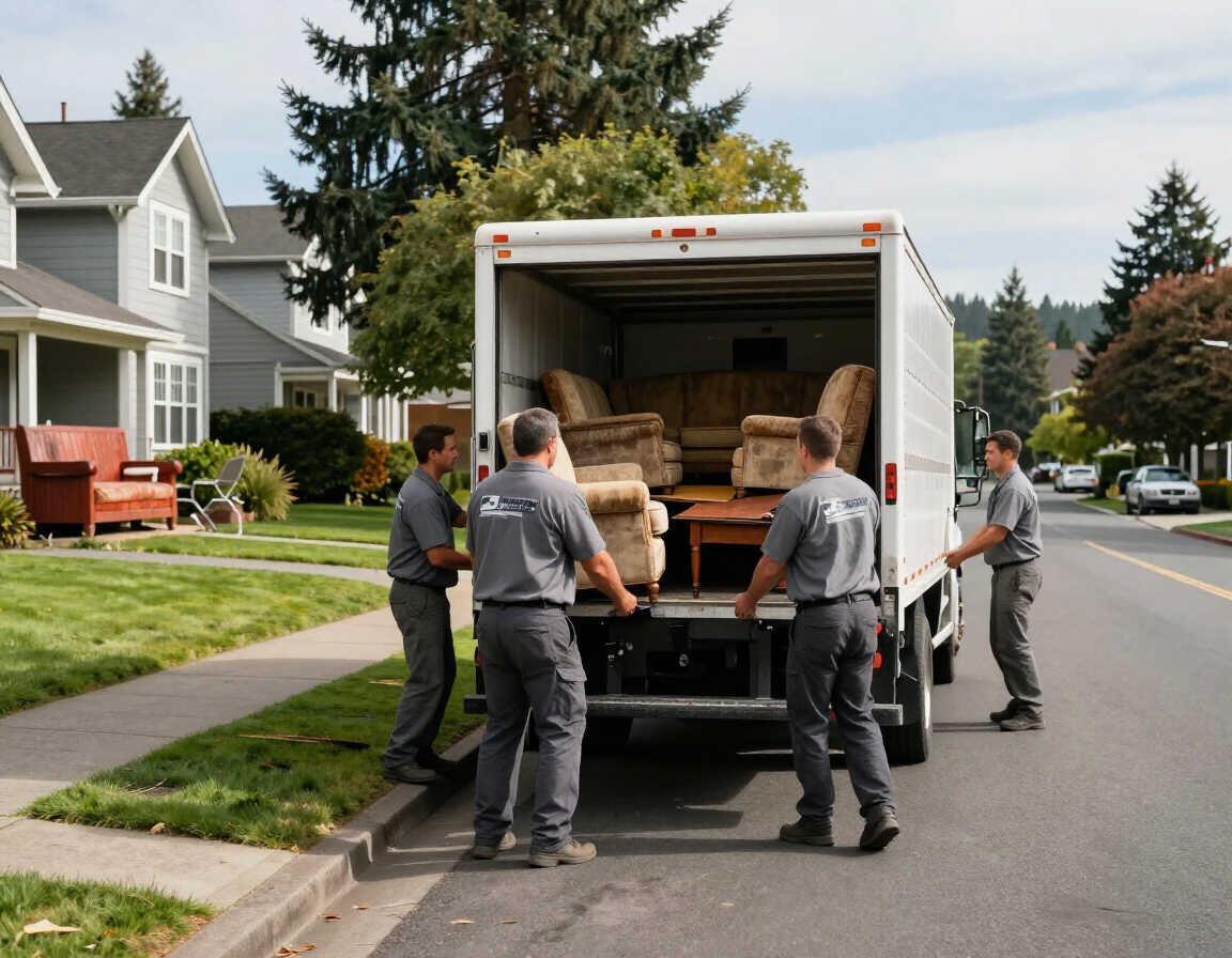 Four movers carry furniture from a white truck on a suburban street.