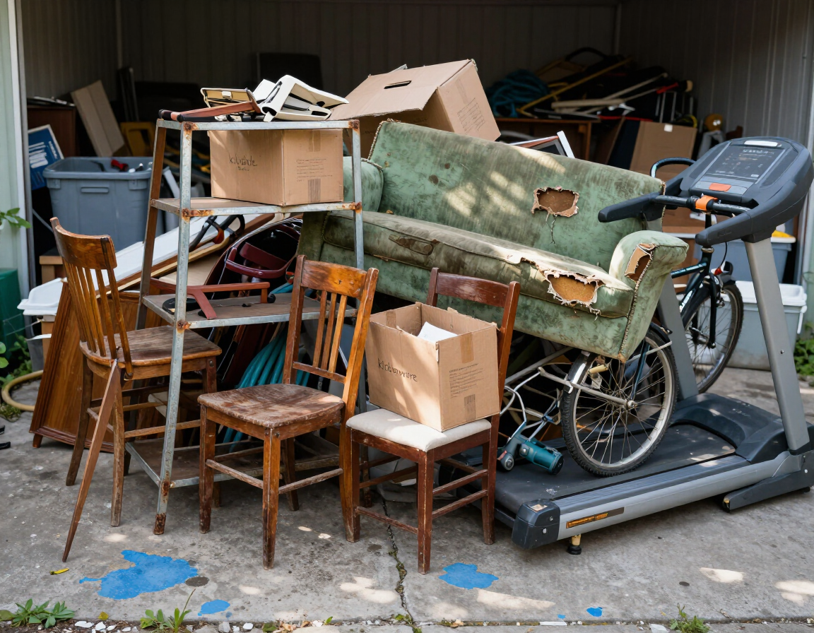 Outgrown furniture and garage clutter piled up, ready for removal