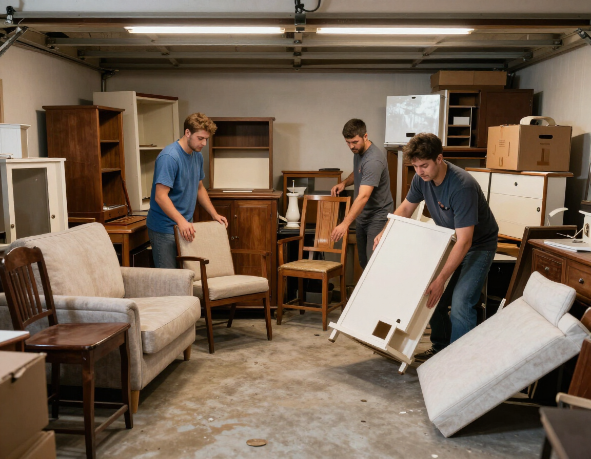 Cluttered garage full of boxes and old furniture being cleared by the crew