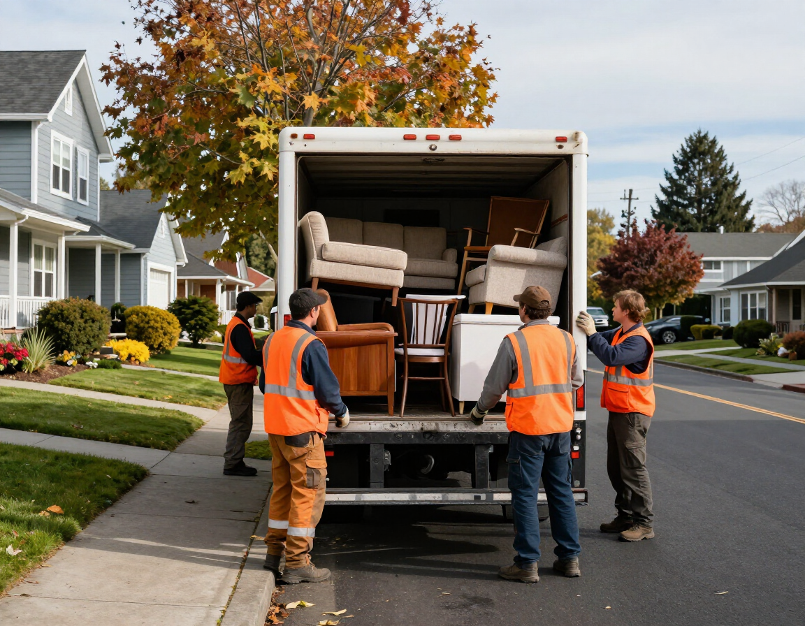 Junk removal crew loading furniture into a truck in a White City, Oregon neighborhood