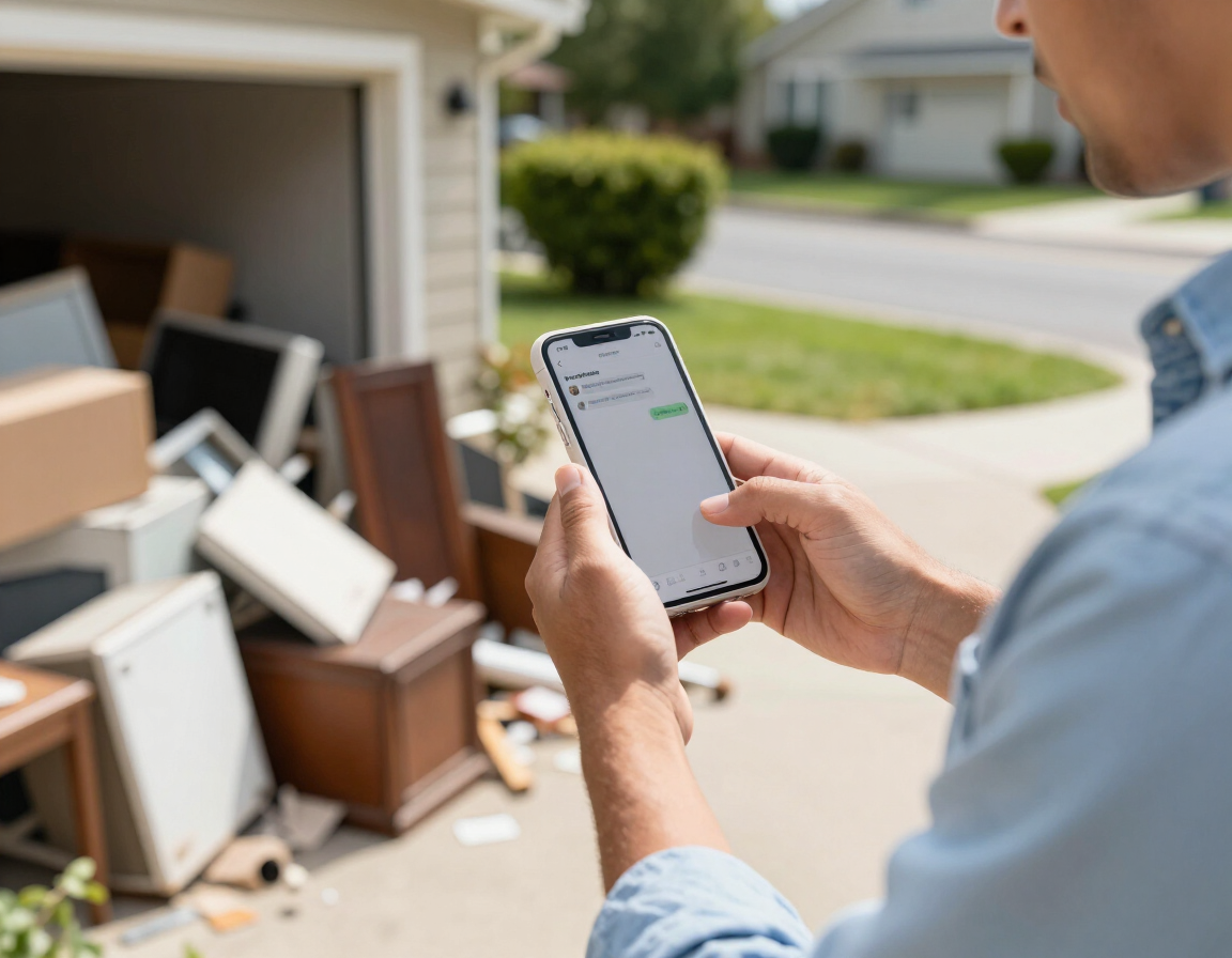 Homeowner texting a photo for a free, no-obligation junk removal estimate