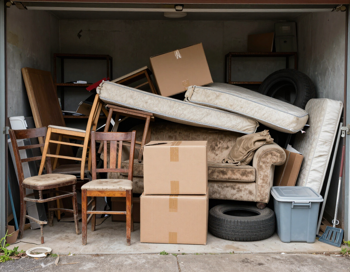 Outgrown furniture and garage clutter piled up, ready for removal