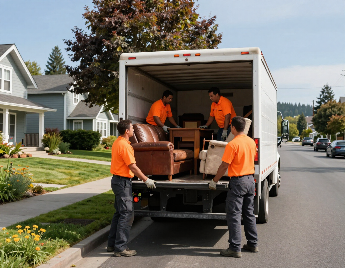 Junk removal crew loading furniture into a truck in an Eagle Point, Oregon neighborhood