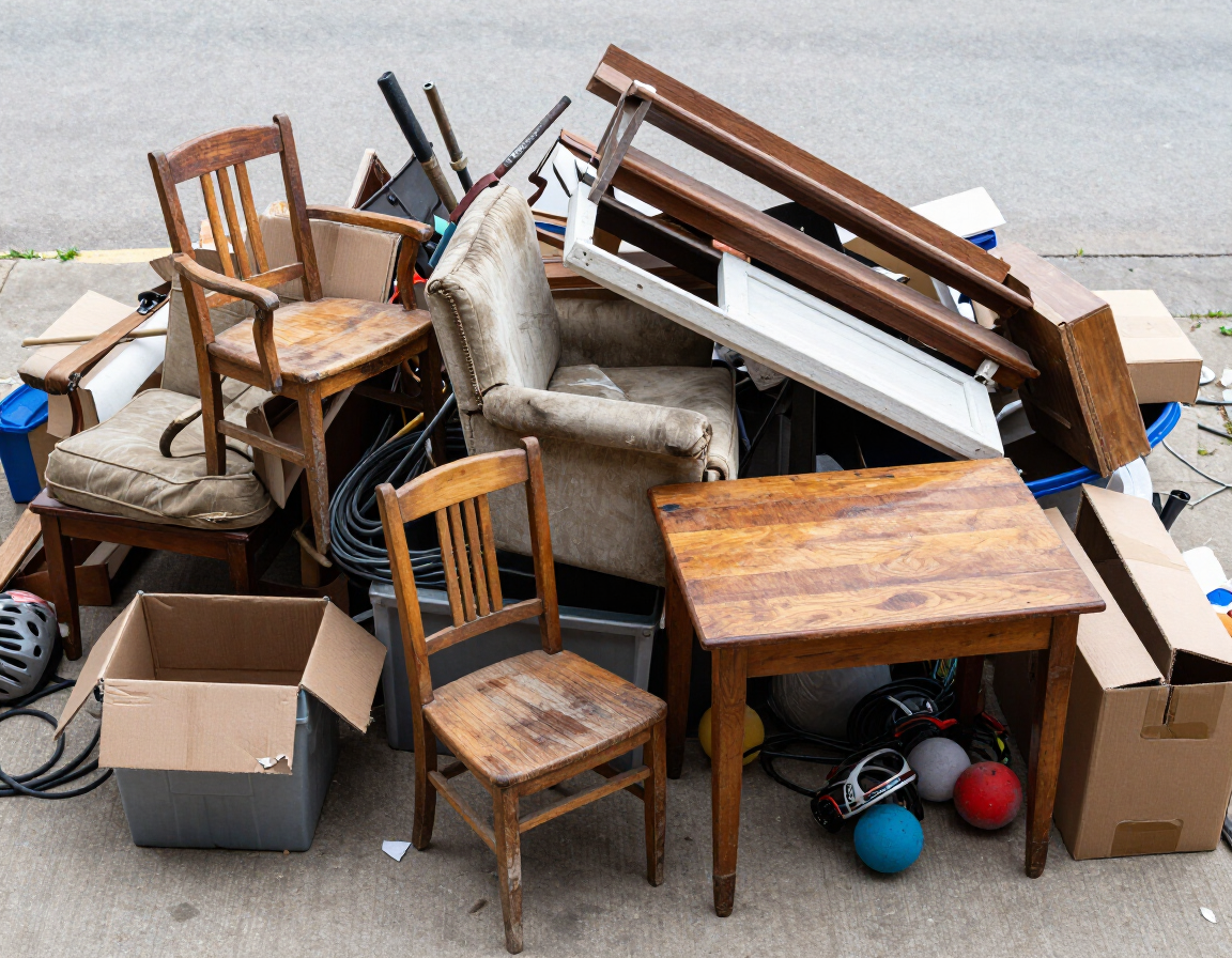 Outgrown furniture and garage clutter piled up, ready for removal