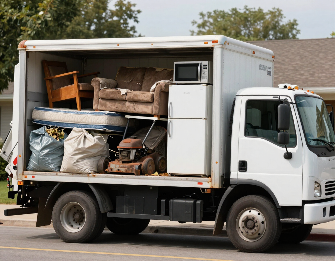 Full-service junk removal truck loaded with furniture, appliances, and yard debris