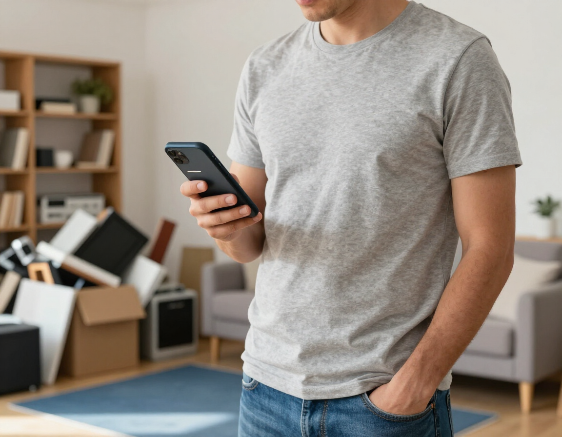Homeowner texting a photo for a free, no-obligation junk removal estimate