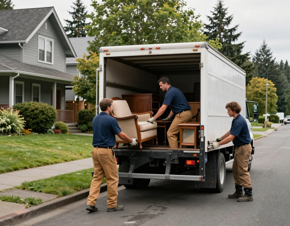 Junk removal crew loading furniture into a truck in a Shady Cove, Oregon neighborhood