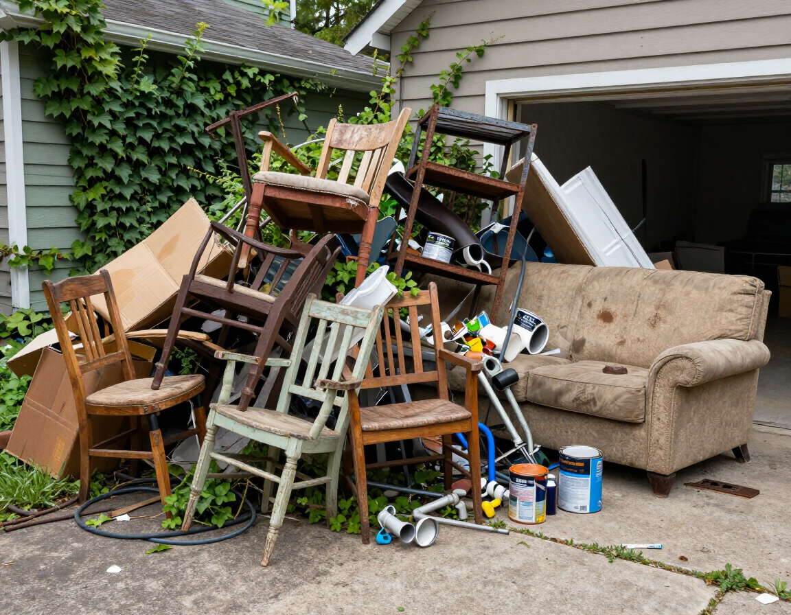 Outgrown furniture and garage clutter piled up, ready for removal