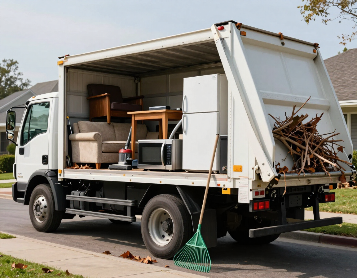 Full-service junk removal truck loaded with furniture, appliances, and yard debris