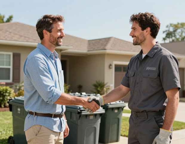 Happy homeowner thanking the junk removal crew after a completed job
