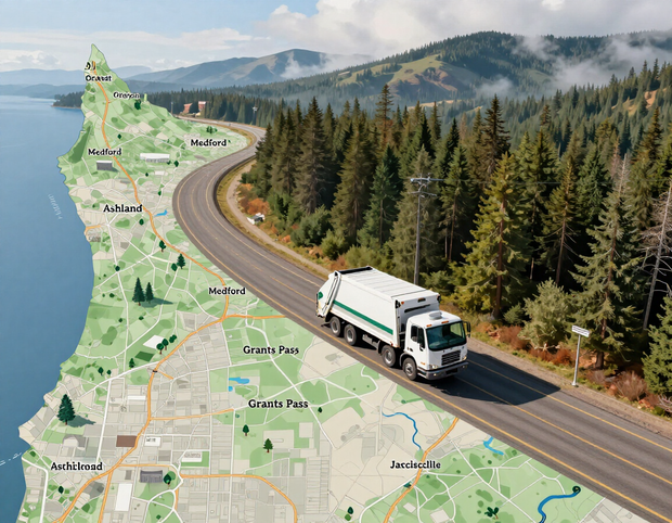 Junk removal truck traveling through Jackson and Josephine County communities