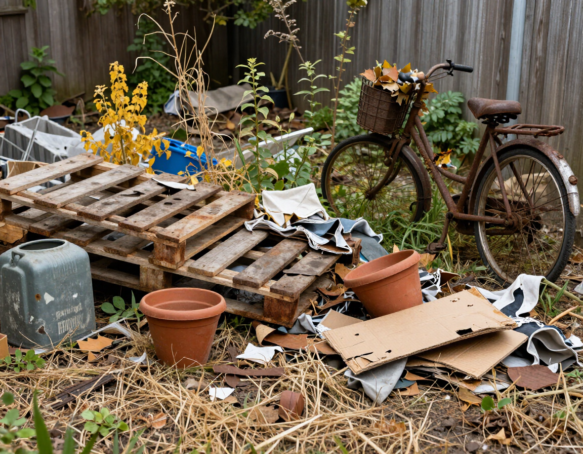 Cluttered backyard with wooden pallets, broken pots, cardboard, and two old bicycles by a fence