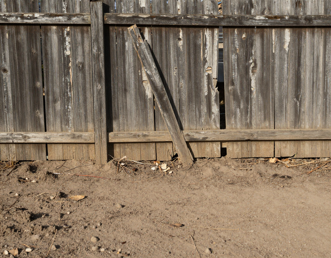 Weathered wooden fence with a leaning board above bare dirt ground.
