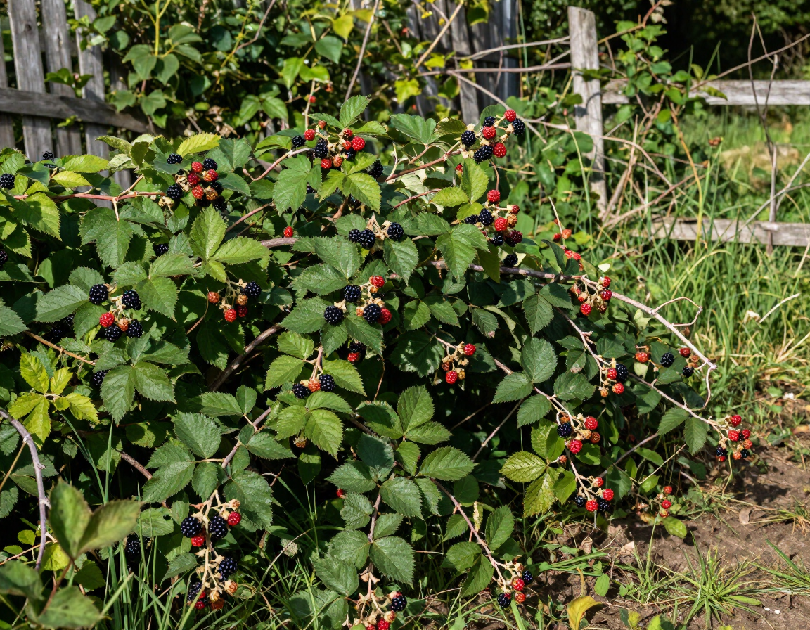 Red berry-laden shrub with green leaves growing in a garden beside a wooden fence.