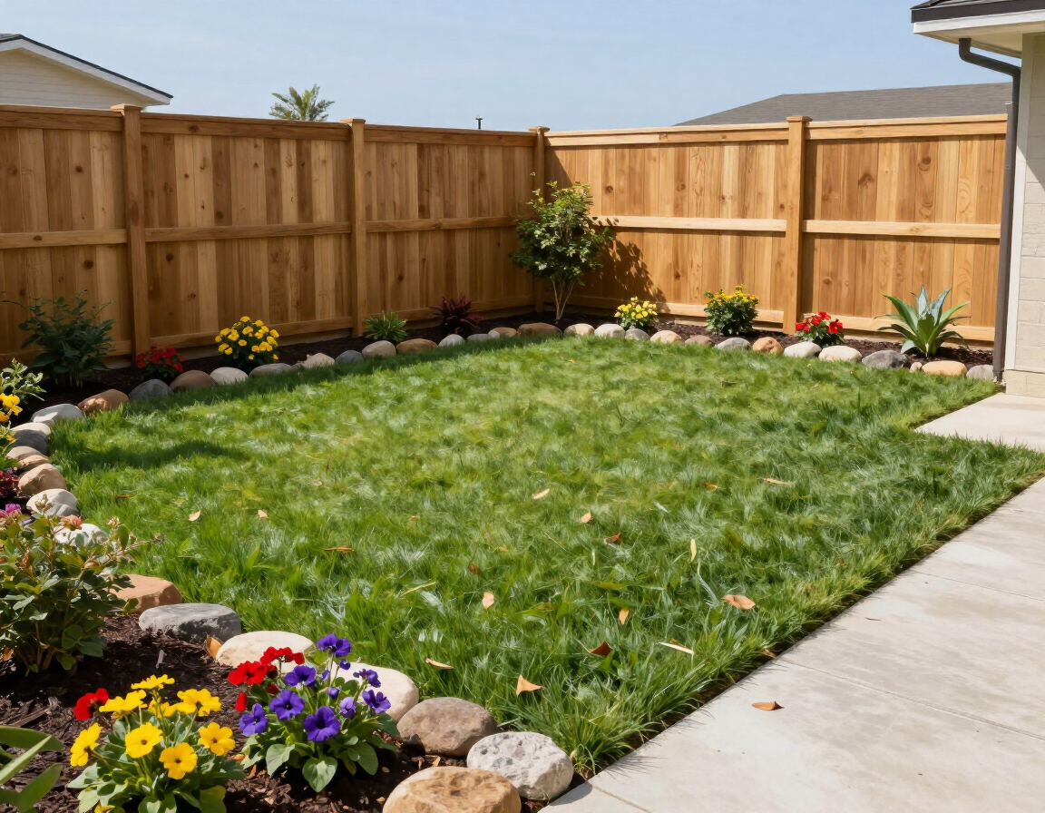 Backyard lawn with wooden fence, flower beds, and a concrete patio path