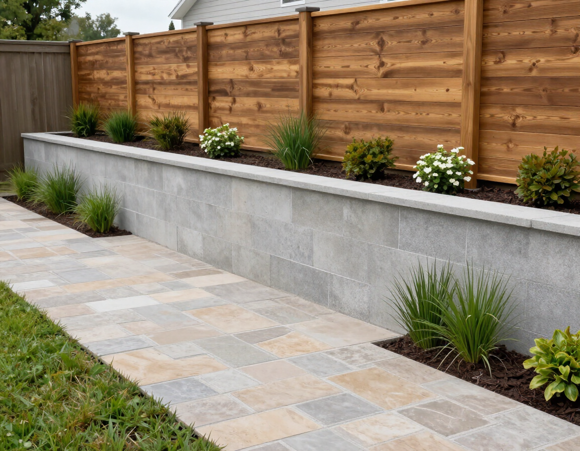 Modern backyard patio with stone paving, raised concrete planter, wooden fence, and small shrubs along the edge