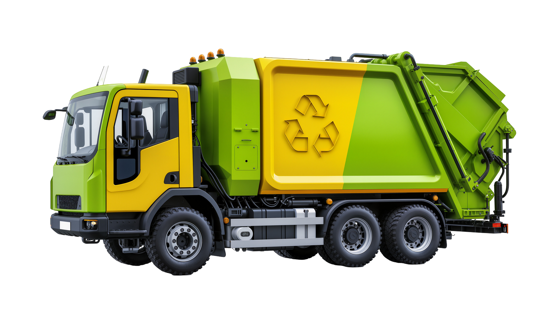 Yellow and green garbage truck with recycling symbol on the side