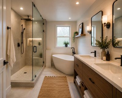 Bright modern bathroom with glass shower, freestanding tub, and wood vanity with mirror.