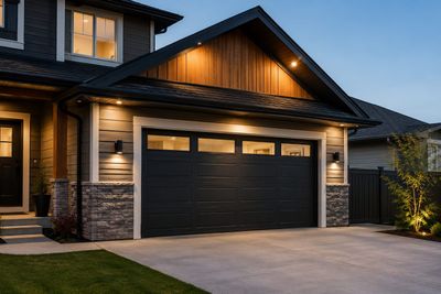 Modern two-story house exterior with lit porch and a black garage door at dusk