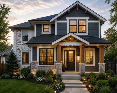 Modern two-story gray house with warm porch lights, front steps, and landscaped yard at dusk