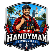 Logo for “The Handyman Titusville” with a smiling handyman, tools, and a rocket-themed seaside backdrop
