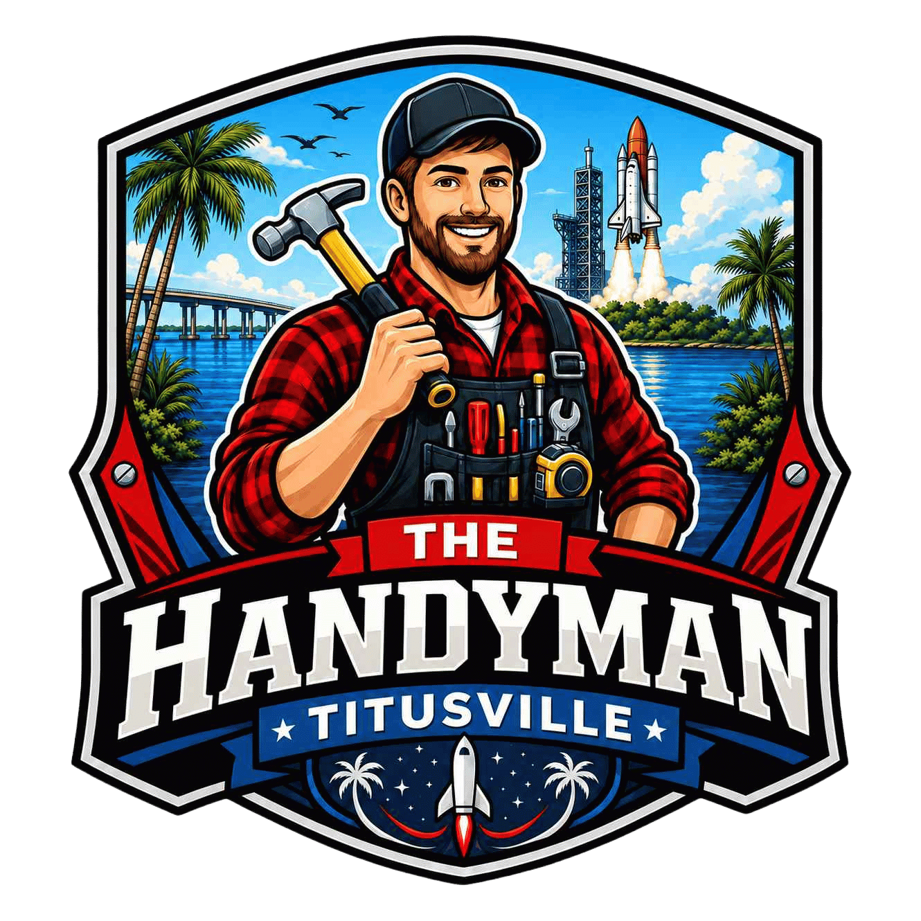 Logo for “The Handyman Titusville” with a smiling handyman, tools, and a rocket-themed seaside backdrop