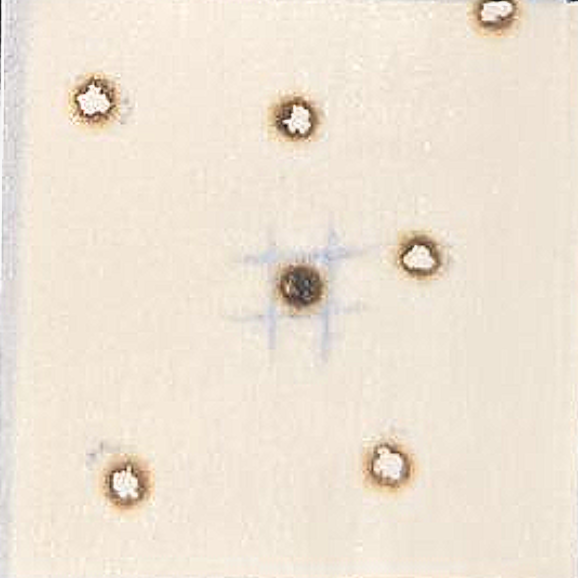 Close-up of multiple laser alignment burn marks showing concentric beam adjustment