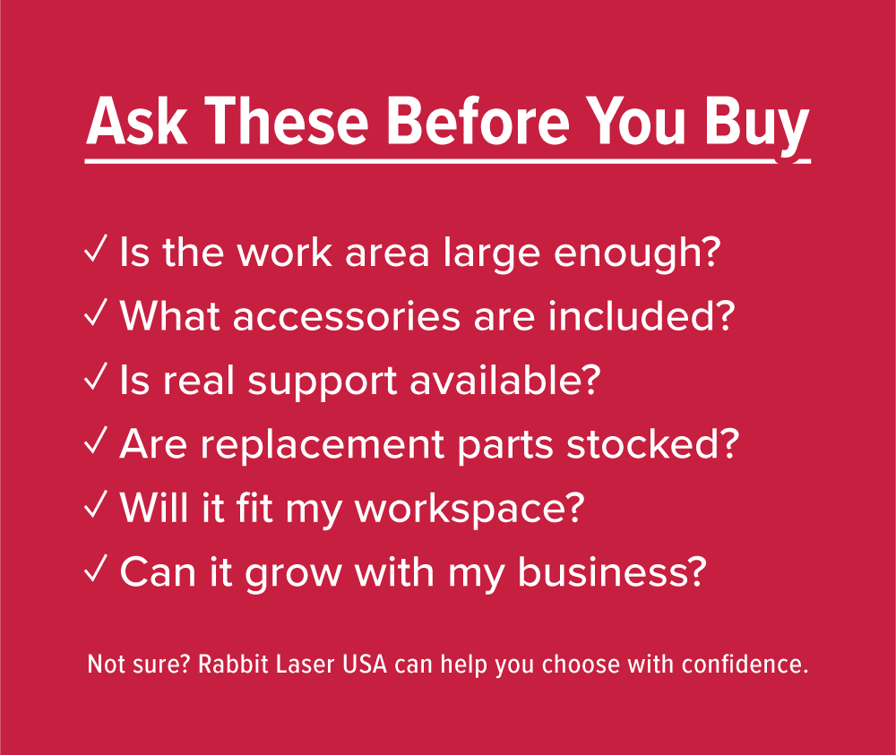 Checklist graphic with key CO2 laser buying questions about work area, accessories, support, parts, workspace, and growth.