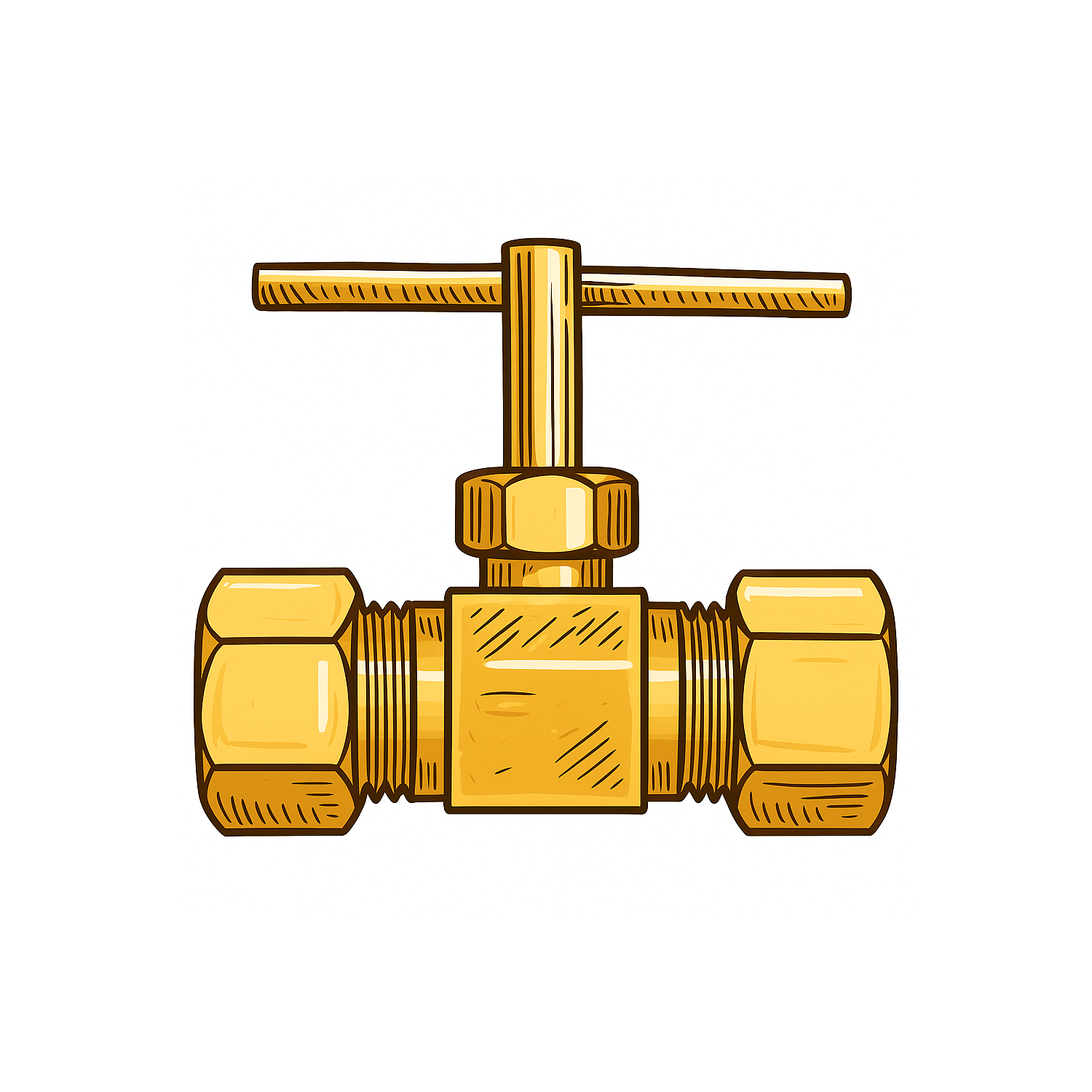 Illustrated brass T-handle shutoff valve with threaded fittings on both ends, shown on a white background.