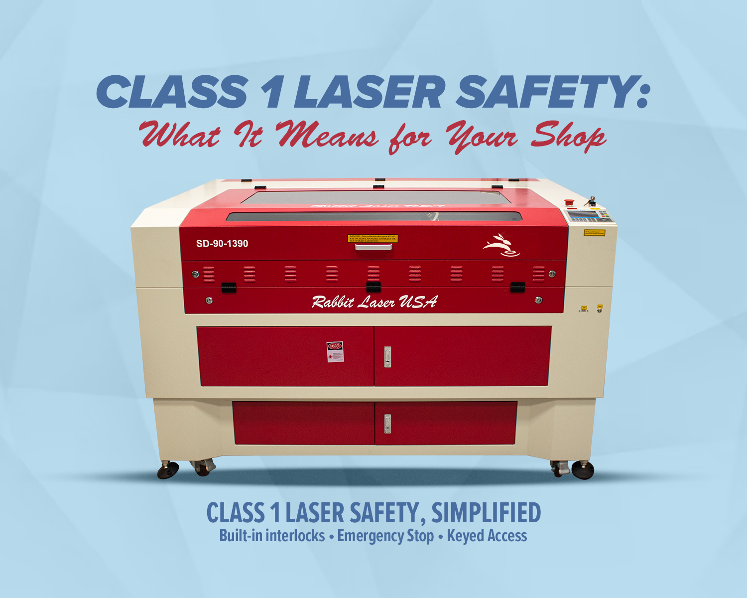 Red and beige Rabbit Laser USA SD-90-1390 with text highlighting Class 1 laser safety