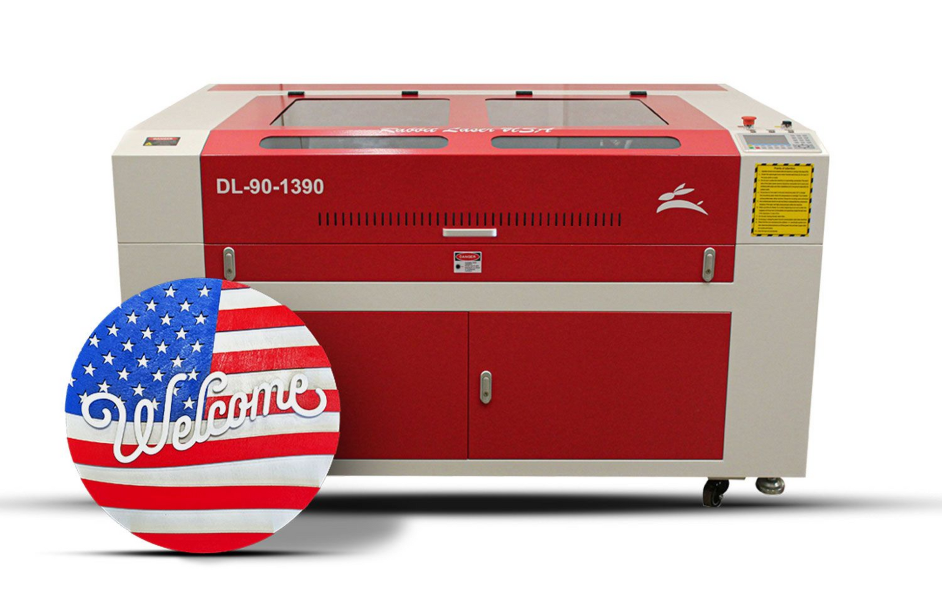 DL-90-1390 CO2 laser machine with patriotic welcome sign sample.