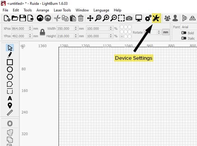 device settings icon on toolbar in lightburn