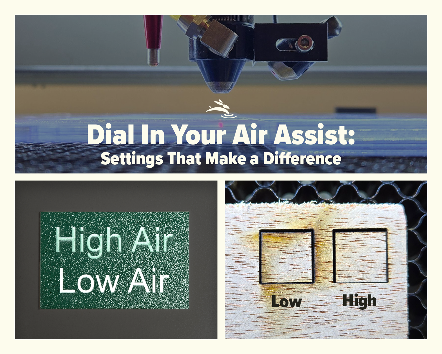 CO2 laser air assist settings comparison showing laser head cutting acrylic and low vs high air assist results on plywood