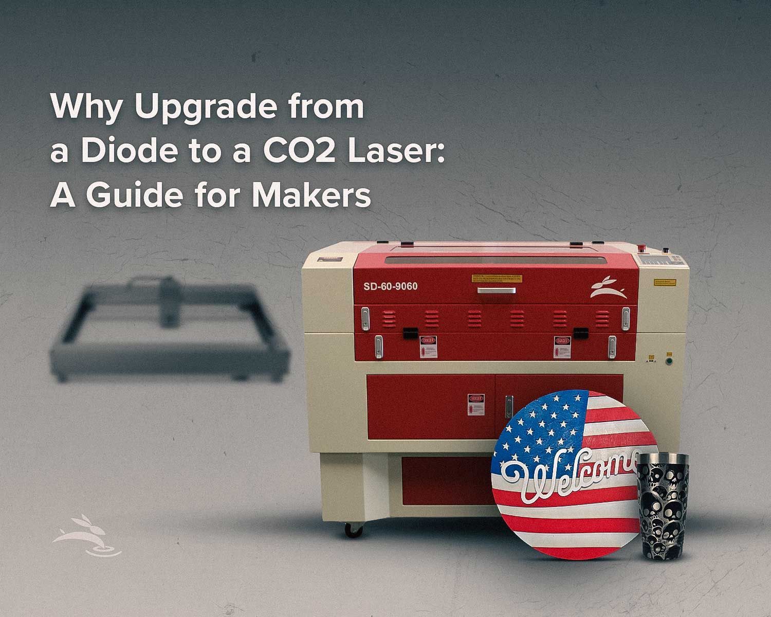 collage of a diode laser in background with SD-60-9060 in forefront with welcome sign and engraved tumbler