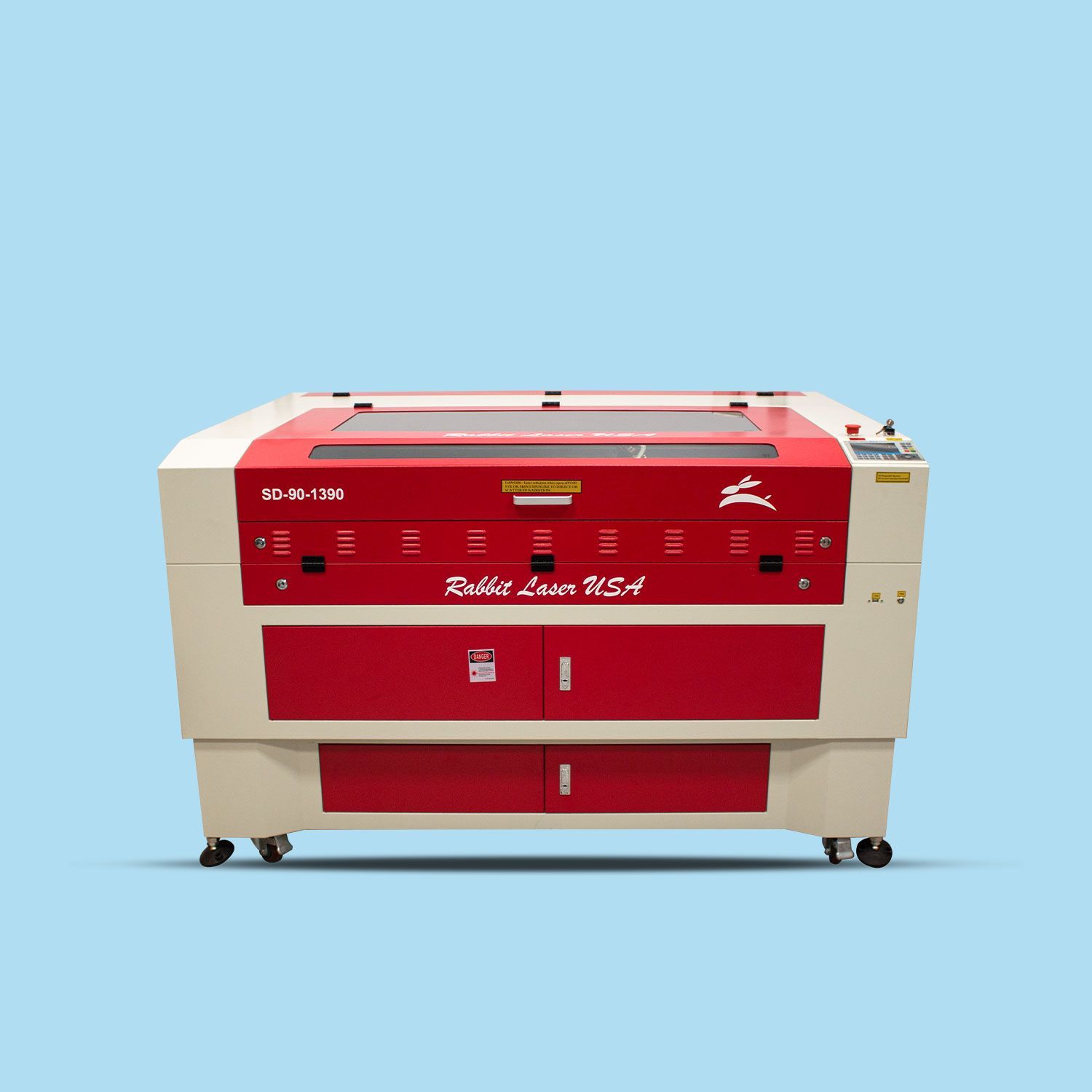 Rabbit Laser USA SD-90-1390 CO₂ laser with red and beige body, shown on a light blue background.