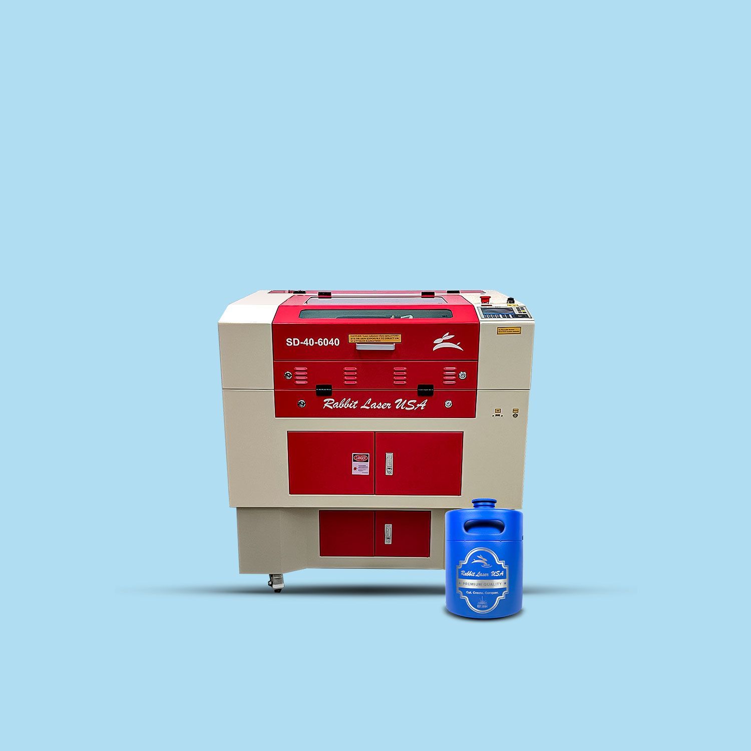 Rabbit Laser USA SD-40-6040 CO₂ laser machine with a branded blue keg in front, on a light blue background.